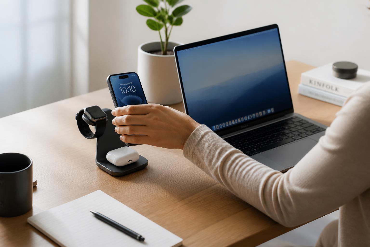 A clean modern desk with a 3-in-1 wireless charger holding a phone, watch, and earbuds next to a laptop